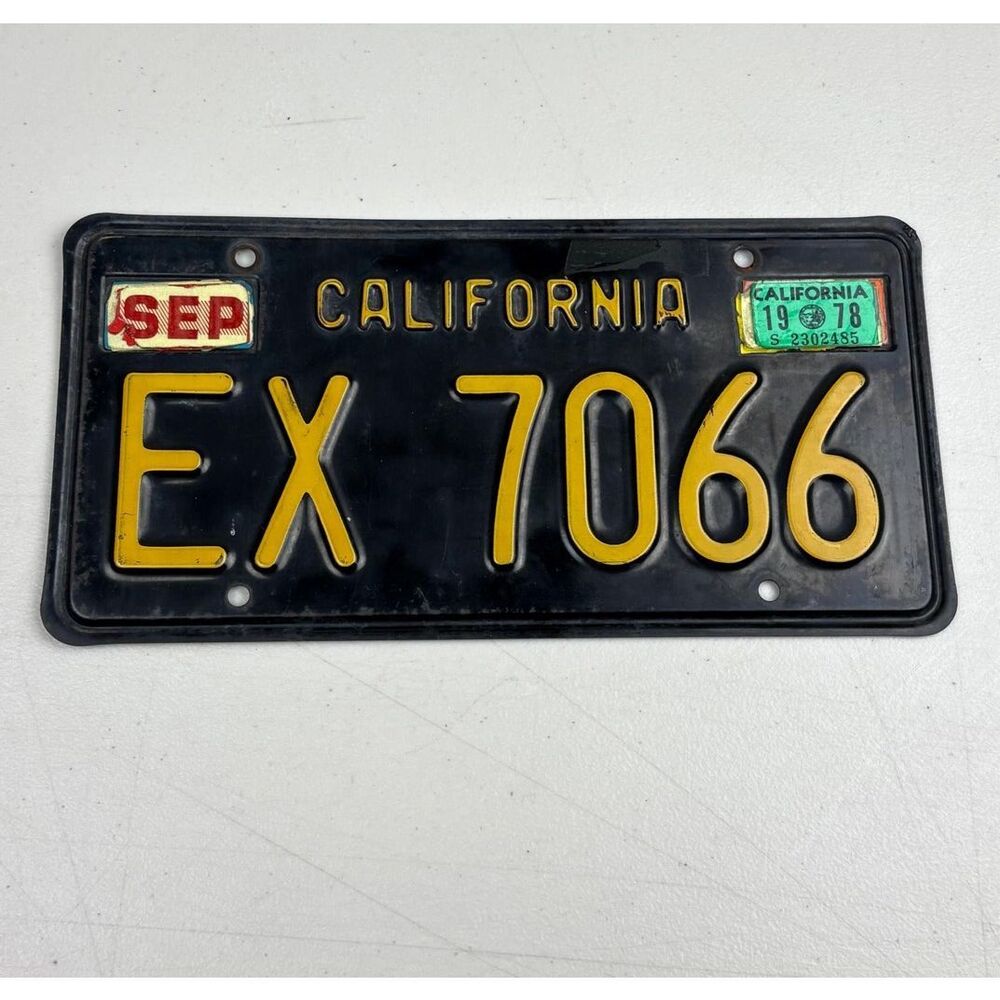Vintage 1963 California License Plate Black And Yellow EX 7066 Embossed EW2457